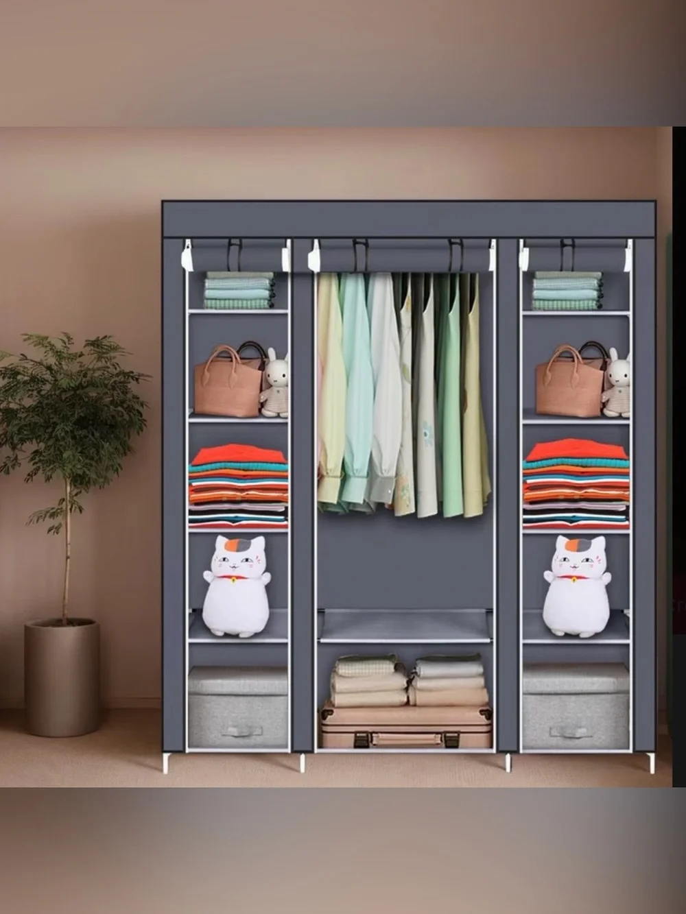 Portable Fabric Wardrobe Closet Organizer in Dark Gray - Home Storage